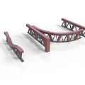 Three Red Metal Support Frames With Curved Design And Triangular Structures