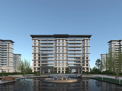 Modern Residential Buildings With Central Water Pool Fountain And Lush Greenery 3d model
