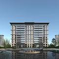 Modern Residential Buildings With Central Water Pool Fountain And Lush Greenery