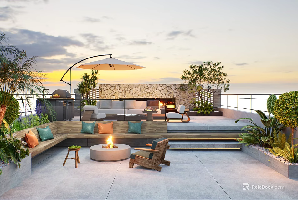 Rooftop Garden Terrace With Outdoor Furniture Sofa Fire Pit Umbrella Plants And Sunset View 3d model 