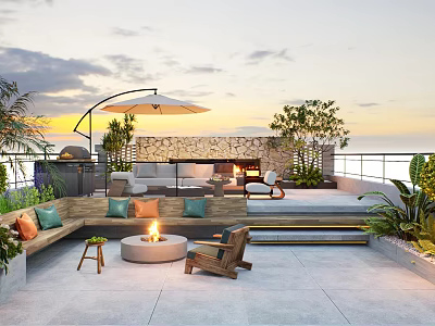 Rooftop Garden Terrace With Outdoor Furniture Sofa Fire Pit Umbrella Plants And Sunset View 3d model