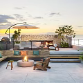 Rooftop Garden Terrace With Outdoor Furniture Sofa Fire Pit Umbrella Plants And Sunset View