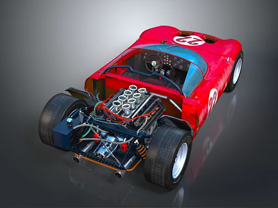 Exposed Engine In Red Racing Car With Detailed Structure And Racing Tires 3d model