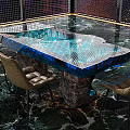Unique Table and Chairs Set with Blue Ice-like Transparent Tabletop Lighting and Brown Leather Chairs