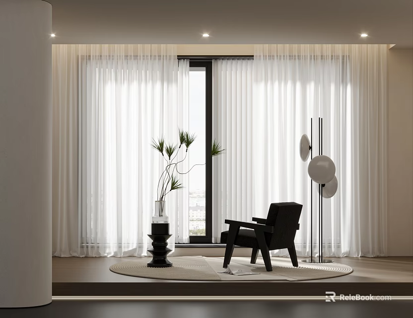 White Curtains by Window in Modern Interior With Black Chair Floor Lamp and Potted Plant 3d model 
