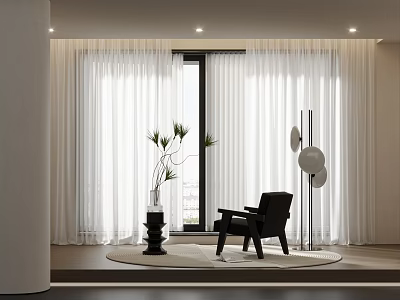 White Curtains by Window in Modern Interior With Black Chair Floor Lamp and Potted Plant 3d model