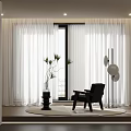 White Curtains by Window in Modern Interior With Black Chair Floor Lamp and Potted Plant
