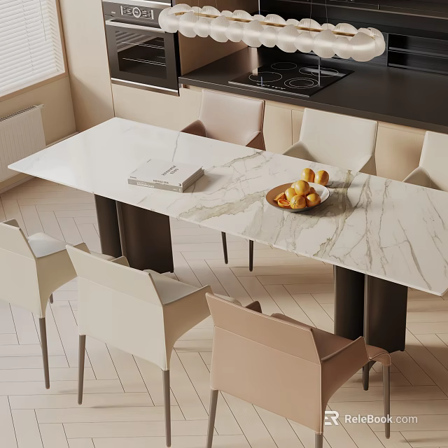 Modern Minimalist Dining Table Set With Marble Top And White Beige Chairs 3d model