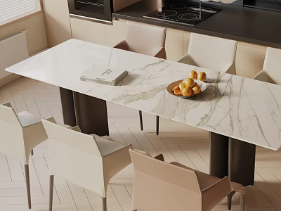 Modern Minimalist Dining Table Set With Marble Top And White Beige Chairs 3d model