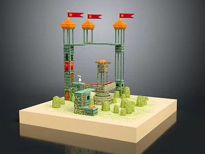 Cartoon Scene Featuring Three Orange Domes with Red Flags on Green Pillars and Small Bushes 3d model