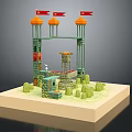 Cartoon Scene Featuring Three Orange Domes with Red Flags on Green Pillars and Small Bushes