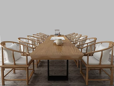 Long Wooden Dining Table With Armrest Chairs White Cushions Tray And Tea Set Bowl 3d model