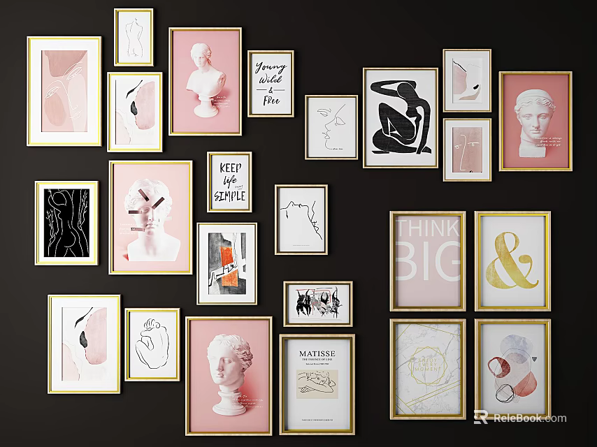 Gallery Wall With Framed Artworks Sketches Bust Sculpture Typography Prints Pink Gold Frames Dark Background 3d model 