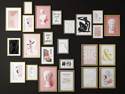 Gallery Wall With Framed Artworks Sketches Bust Sculpture Typography Prints Pink Gold Frames Dark Background 3d model