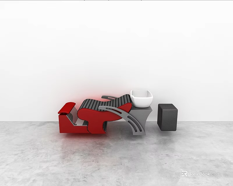 Stylish Red And Black Lounge Chair Featuring Checkered Pattern White Bowl Black Cube 3d model 