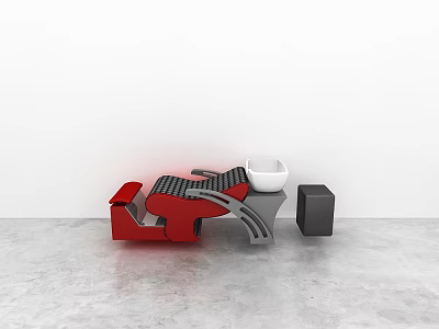 Stylish Red And Black Lounge Chair Featuring Checkered Pattern White Bowl Black Cube 3d model