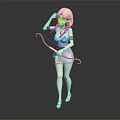 3D Blonde Female Character In White Green Outfit Holding Bow And Arrow Dark Background