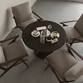 Round Meeting Table and Chairs with Light Colored Seats Wooden Frame and Tea Set in Minimalist Modern Room