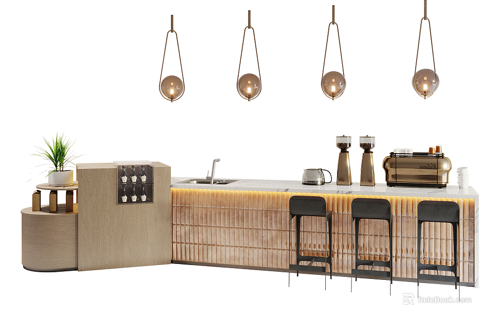 Modern Functional Table Design With Hanging Lamps Stools Potted Plant And Wooden Counter 3d model 