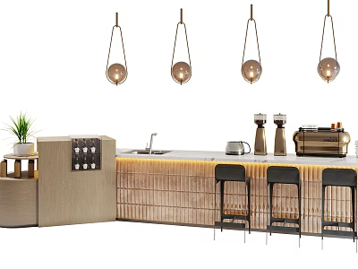Modern Functional Table Design With Hanging Lamps Stools Potted Plant And Wooden Counter 3d model