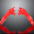 Two Red Character Inspired Mechanical Arms With Symmetrical Creature Claws And Reflective Surface Design
