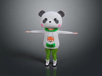 Cartoon Panda Character With Little Fox Graphic Green Scarf And Green Striped Pants Arms Outstretched 3d model