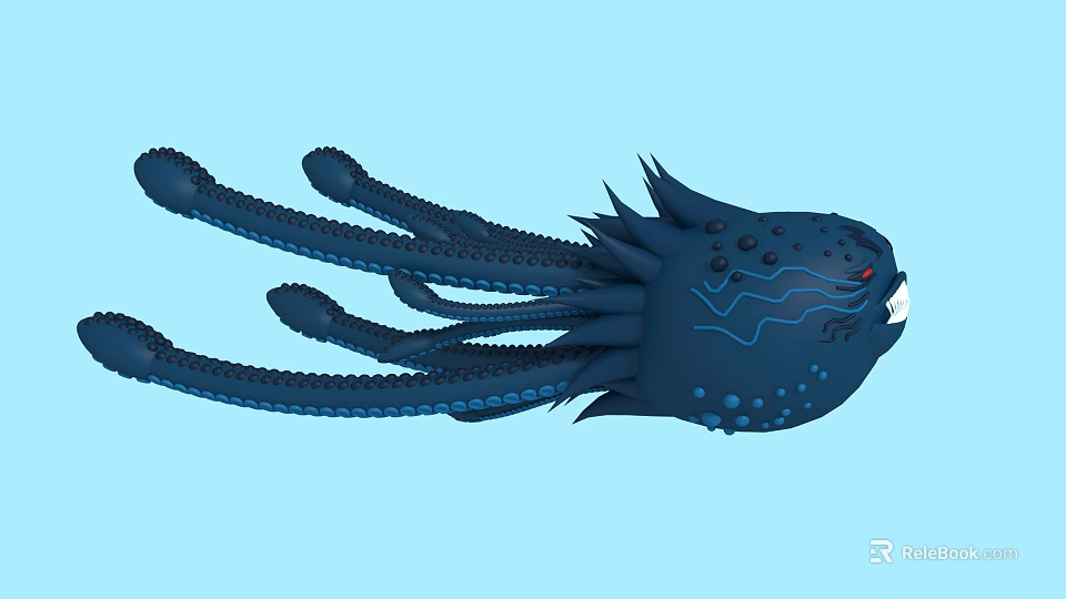 Blue Tentacled Spiked Game And Movie Character With Wavy Patterns And Red Mouth 3d model 