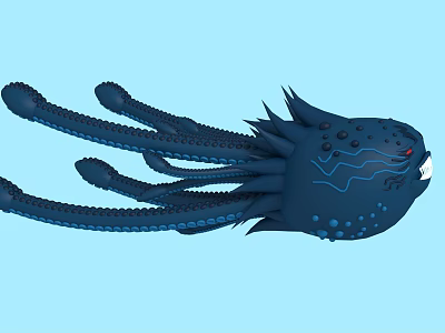 Blue Tentacled Spiked Game And Movie Character With Wavy Patterns And Red Mouth 3d model