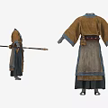 Traditional Ancient Style Robe With Brown Blue Fabric Decorative Belt And Tassel Accessories