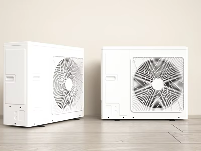 Two White Air Conditioner Fans with Modern Design on Wooden Floor and Light Wall 3d model