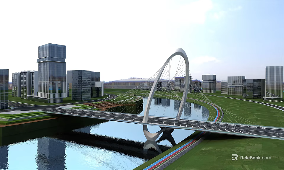 Modern Arch Landscape Bridge Over Water in Urban Area with Skyscrapers and Greenery 3d model 