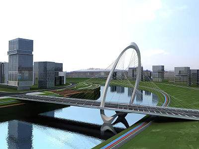 Modern Arch Landscape Bridge Over Water in Urban Area with Skyscrapers and Greenery 3d model