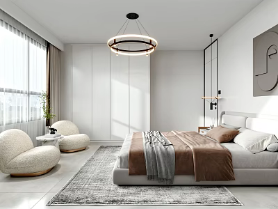 Modern Bedroom Interior Design With Round Pendant Light Beige Armchairs And White Wardrobe 3d model