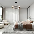 Modern Bedroom Interior Design With Round Pendant Light Beige Armchairs And White Wardrobe