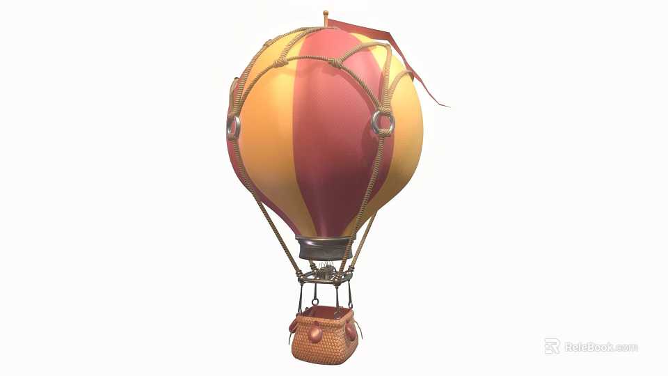Colorful Red And Yellow Striped Hot Air Balloon With Wicker Basket 3d model 