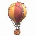 Colorful Red And Yellow Striped Hot Air Balloon With Wicker Basket