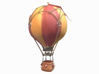 Colorful Red And Yellow Striped Hot Air Balloon With Wicker Basket 3d model