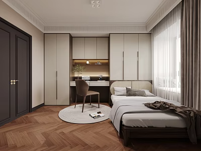 Cozy Tatami Bedroom With Built In Storage Cabinets Desk Wooden Flooring And Window Curtains 3d model