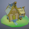 Cartoon Style House with Straw Roof Wooden Structure Barrels Steps and Green Grass