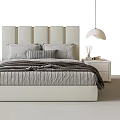 Modern Double Bed With Upholstered Headboard Striped Bedding Nightstand And Pendant Lamp On Area Rug