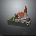 Castle Style Architectural Model Featuring Red Roof Tower Surrounding Structures Green Grass and Gray Base
