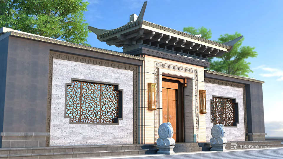 Traditional Chinese Entrance Gate with Carved Windows Stone Lions Gray Brick Walls Under Overhanging Eaves 3d model 
