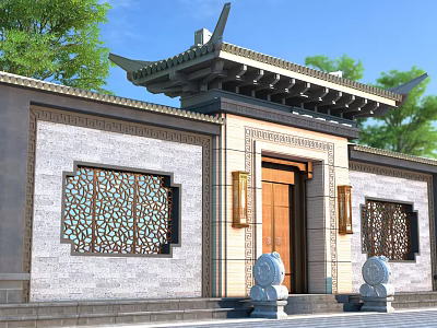 Traditional Chinese Entrance Gate with Carved Windows Stone Lions Gray Brick Walls Under Overhanging Eaves 3d model