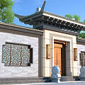 Traditional Chinese Entrance Gate with Carved Windows Stone Lions Gray Brick Walls Under Overhanging Eaves