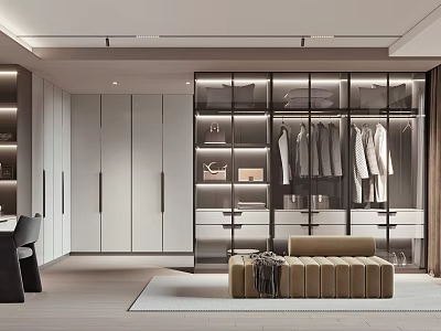 Modern Walk In Closet Design With Glass Door Cabinets Hanging Clothes Drawers And Bench 3d model