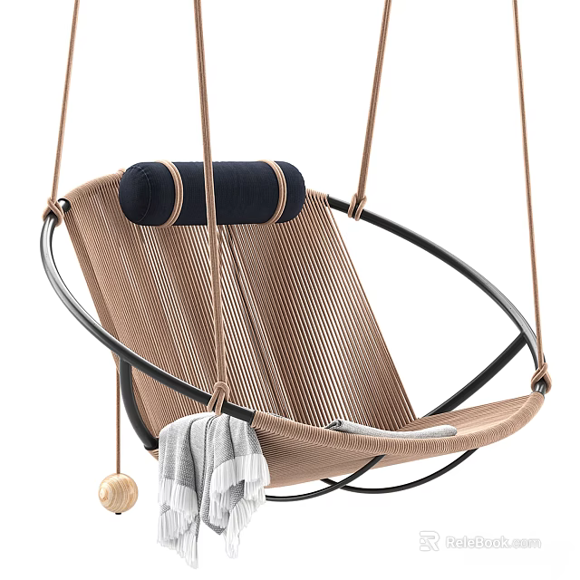 Woven Hanging Leisure Chair With Black Frame Cushion Gray Towel And Wooden Ball 3d model 