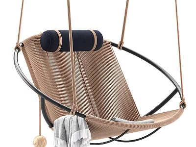 Woven Hanging Leisure Chair With Black Frame Cushion Gray Towel And Wooden Ball 3d model