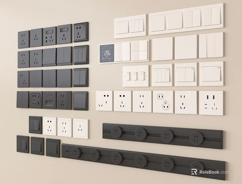 Modern Black And White Wall Mounted Switch Panels With Different Sockets And Styles 3d model 