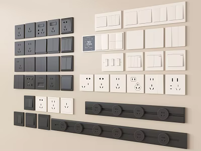 Modern Black And White Wall Mounted Switch Panels With Different Sockets And Styles 3d model