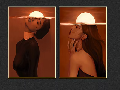 Two Female Portrait Paintings With Orange Tone Moon And Water Reflection 3d model